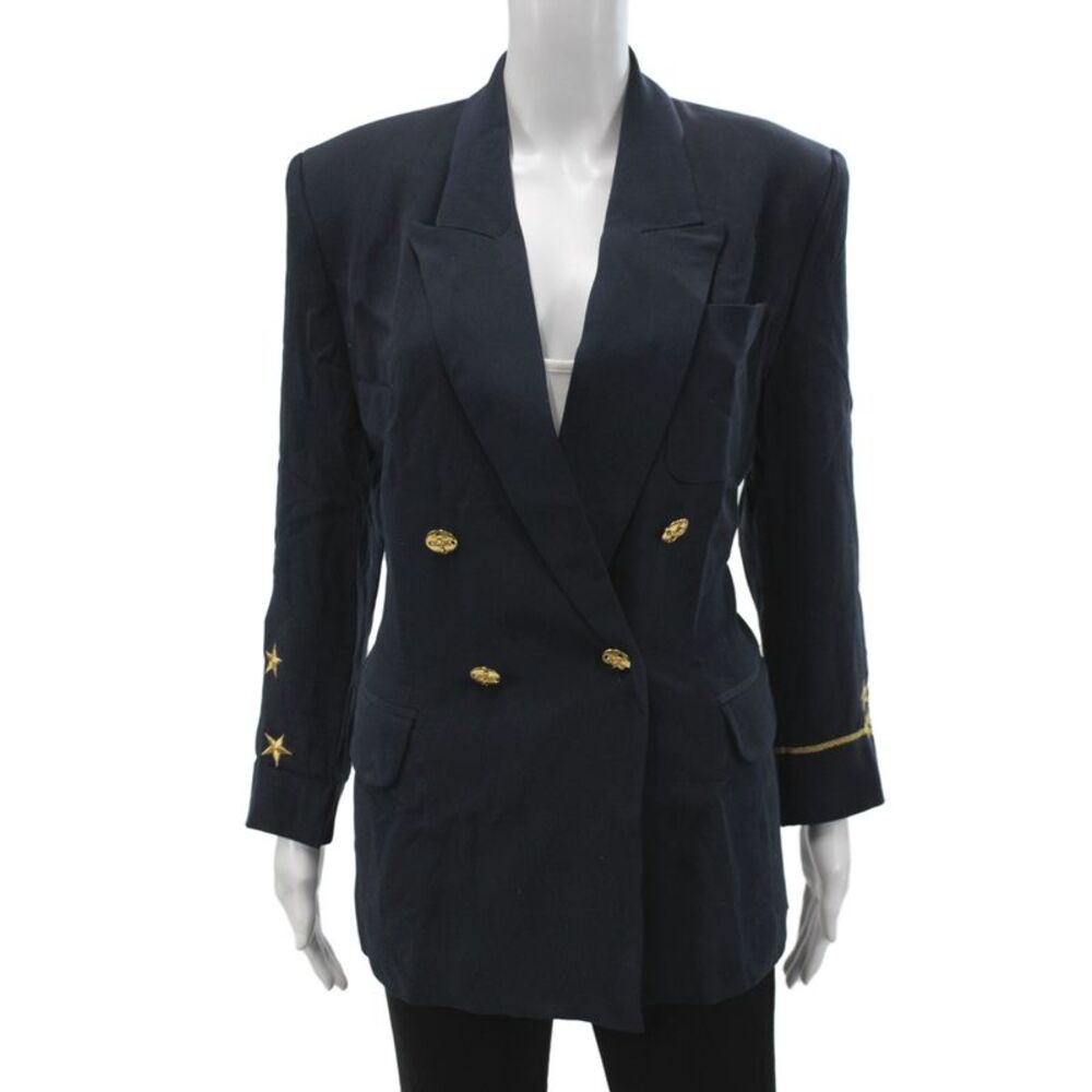 Peter Nygard Women Military Jacket Blue Silk Button Long Sleeve Size 8